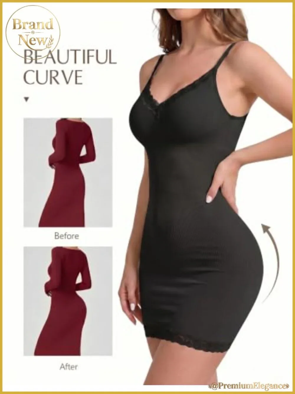 Shapewear Full Slip Dress V-Neck Lace Trim Adjustable Straps Nylon Spandex